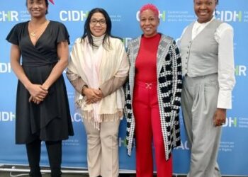 (Left to Right) SASOD Guyana’s Twinkle Paul, GEF’s Chandrawattie Persaud, GSWC’s Kinesha Thom and Blossom’s Dr. Ayodele Dalgety-Dean at the IACHR Hearing.