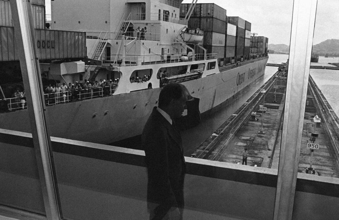 President Jimmy Carter views the Panama Canal in the Miraflores Locks in the Canal Zone on June 17, 1978. Carter signed the final treaties giving control of the Canal to Panama in 2000. (AP file photo)