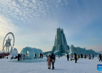 Tourists visit the Harbin Ice-Snow World, the world's largest ice-and-snow theme park, in Harbin, the capital city of northeast China's Heilongjiang Province, Dec. 21, 2024. (Xinhua/Yang Siqi)