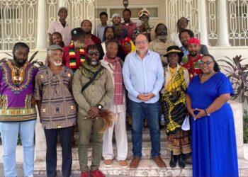 PNP President Mark Golding and Culture Spokesperson, Dr. Debora Hickling meets with members of the island Maroon and Tiano communities.
