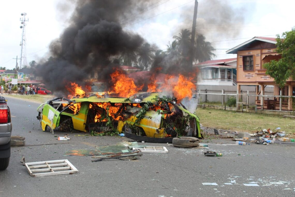 One of the buses set alight on March 6, 2020 by People's Progressive Party/Civic protestors. School children were in the bus.