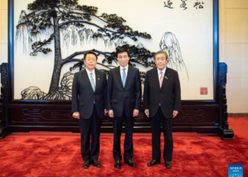 Wang Huning (C), a member of the Standing Committee of the Political Bureau of the CPC Central Committee and chairman of the National Committee of the CPPCC, meets with a delegation of Japan's ruling coalition, led by Secretary General Hiroshi Moriyama (R) of the Liberal Democratic Party and Secretary General Makoto Nishida of the Komeito Party, in Beijing, capital of China, January 14, 2025. /Xinhua