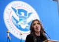 Homeland Security Secretary Kristi Noem speaks to employees at the Department of Homeland Security, Tuesday, Jan. 28, 2025, in Washington. (AP Photo/Manuel Balce Ceneta)