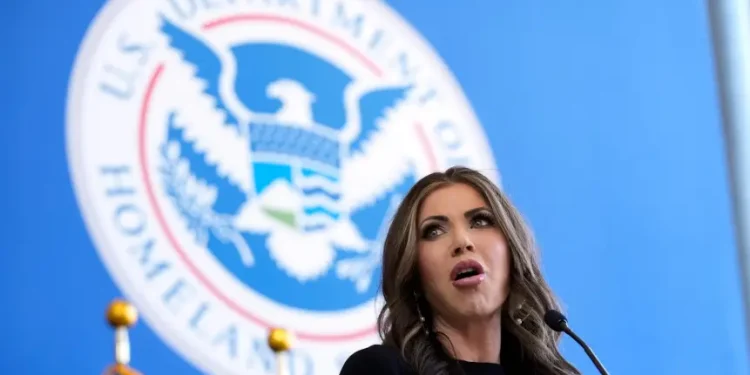 Homeland Security Secretary Kristi Noem speaks to employees at the Department of Homeland Security, Tuesday, Jan. 28, 2025, in Washington. (AP Photo/Manuel Balce Ceneta)