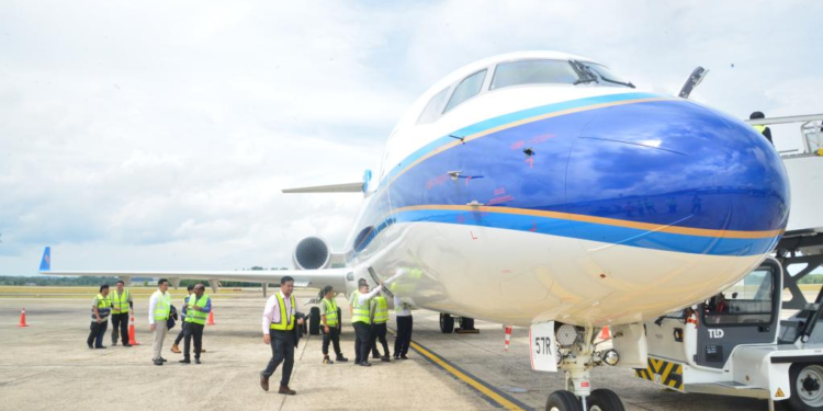 This photo taken on Dec. 31, 2024 shows a C909 aircraft landing at the Brunei International Airport in Bandar Seri Begawan, Brunei. China's domestically produced C909 aircraft successfully landed in Brunei for the first time after its cross-sea flight from Guangzhou, China, on Tuesday. This is the first time China's homegrown C909 aircraft has landed in Brunei. Brunei held a ceremony at the Brunei International Airport to celebrate the successful maiden flight of the direct route between Guangdong and Brunei's capital, Bandar Seri Begawan. (Xinhua/Li Meng)