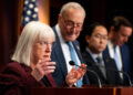 Sen. Patty Murray, D-Wash., speaks during the Senate Democrats’ news conference on the Trump administration’s spending freeze on federal assistance on Tuesday. (Bill Clark/CQ Roll Call)