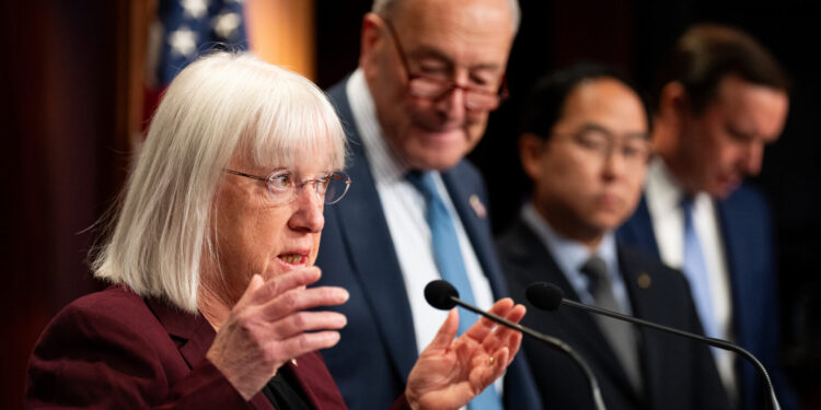 Sen. Patty Murray, D-Wash., speaks during the Senate Democrats’ news conference on the Trump administration’s spending freeze on federal assistance on Tuesday. (Bill Clark/CQ Roll Call)