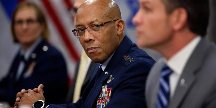 Chairman of the Joint Chiefs Gen. Charles Q. Brown Jr. listens to Defense Secretary Pete Hegseth before a meeting with Israeli Prime Minister Benjamin Netanyahu, February 5, Arlington, Virginia. Chip Somodevilla/Getty Images