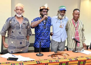 Maroon Chiefs dispelling Myths at The UWI, January 9, 2025. Left to Right. Maroon Colonels (Chiefs)  Sr. Colonel Wallace Sterling (Moore Town); Chief Richard Currie (Accompong);   Colonel Kenute Cameron (Flagstaff) and Colonel Lloyd Lattibeaudiere ( Scotts Hall Maroons). - Photo: Global African Diaspora Kingdom