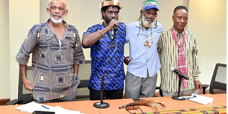 Maroon Chiefs dispelling Myths at The UWI, January 9, 2025. Left to Right. Maroon Colonels (Chiefs)  Sr. Colonel Wallace Sterling (Moore Town); Chief Richard Currie (Accompong);   Colonel Kenute Cameron (Flagstaff) and Colonel Lloyd Lattibeaudiere ( Scotts Hall Maroons). - Photo: Global African Diaspora Kingdom