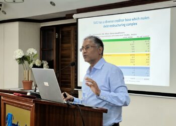 Jwala Rambarran, Senior Policy Advisor at the Caribbean Policy Development Centre (CPDC) presenting the findings of his study “How Can the World Bank Better Support Natural Disaster Risk Financing in Caribbean SIDS?” during a recent debt consultation in St. Vincent & the Grenadines in February.