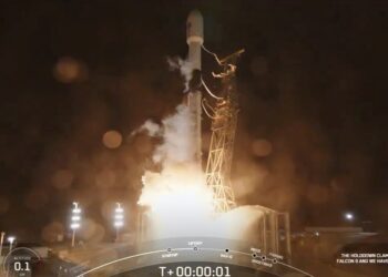 In this image from video provided by SpaceX, the company's SpaceX’s Falcon rocket, carrying NASA's newest space telescope, Spherex, lifts off from Vandenberg Space Force Base, Calif., Tuesday, March 11, 2025. (SpaceX via AP)