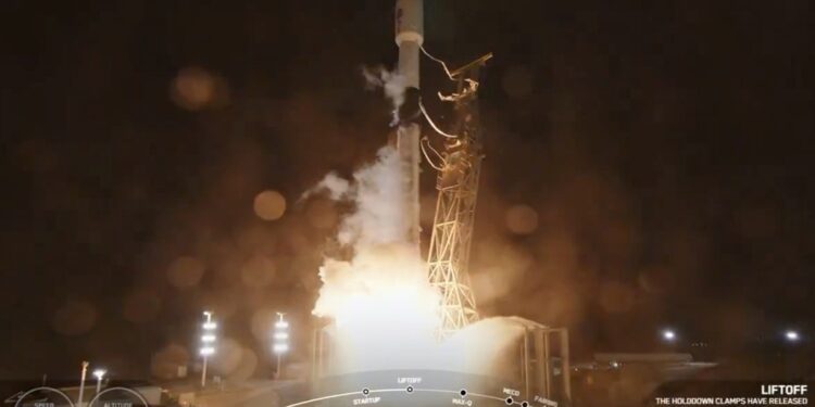 In this image from video provided by SpaceX, the company's SpaceX’s Falcon rocket, carrying NASA's newest space telescope, Spherex, lifts off from Vandenberg Space Force Base, Calif., Tuesday, March 11, 2025. (SpaceX via AP)