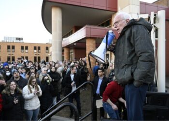 Senator Bernie Sanders speak to on overflow crowd outside Lincoln High School as he talks about "Fighting Oligarchy: Where do we go from here" Saturday March 8, 2025 (AP Photo)