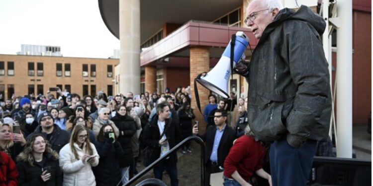 Senator Bernie Sanders speak to on overflow crowd outside Lincoln High School as he talks about "Fighting Oligarchy: Where do we go from here" Saturday March 8, 2025 (AP Photo)