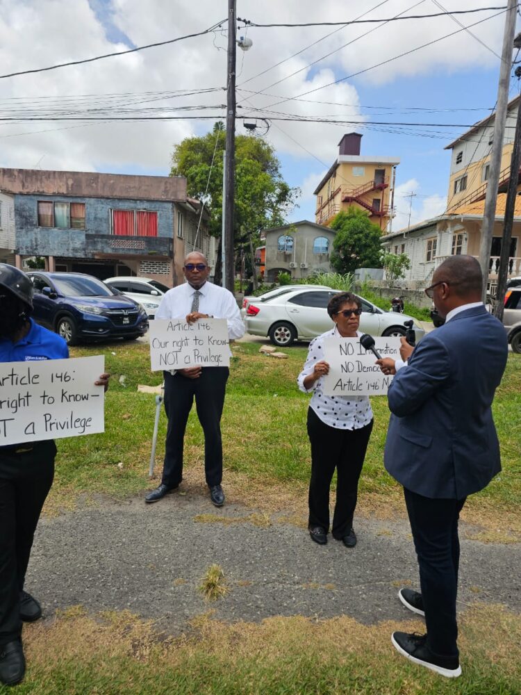 Guyanese protesting Commissioner of Information Charles Ramson Sr Office over the failure to provide information under the Act- March 28, 2025