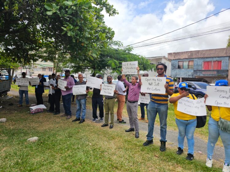 Guyanese protesting Commissioner of Information Charles Ramson Sr Office over the failure to provide information under the Act- March 28, 2025