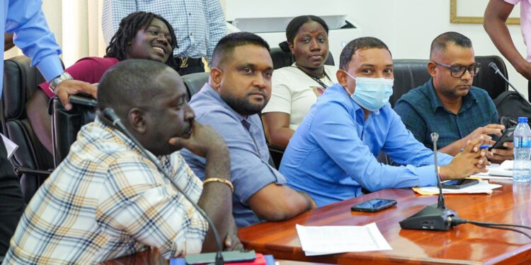 Nigel Dharamlall (second from left) in this Office of the President photo taken yesterday at the meeting