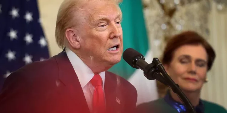 U.S President Donald Trump speaks during a St. Patrick’s Day event with Irish Taoiseach Micheál Martin and his wife Mary O'Shea in the East Room of the White House on March 12, 2025 in Washington,... More Kayla Bartkowski/Getty Images