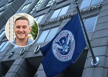Inset, Fabian Schmidt, a U.S. Green Card holder detained by Immigration and Customs Enforcement (ICE) last week, is seen. An exterior view of ICE headquarters is seen on July 6, 2018, in Washington, D.C. WGBH/Alex Wong/Getty Images