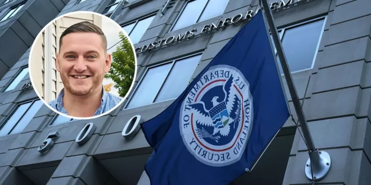 Inset, Fabian Schmidt, a U.S. Green Card holder detained by Immigration and Customs Enforcement (ICE) last week, is seen. An exterior view of ICE headquarters is seen on July 6, 2018, in Washington, D.C. WGBH/Alex Wong/Getty Images