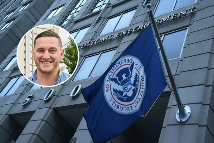 Inset, Fabian Schmidt, a U.S. Green Card holder detained by Immigration and Customs Enforcement (ICE) last week, is seen. An exterior view of ICE headquarters is seen on July 6, 2018, in Washington, D.C. WGBH/Alex Wong/Getty Images