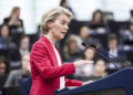 European Commission President Ursula von der Leyen addresses European Parliament members about plans to ramp up defense spending on Tuesday at the European Parliament in Strasbourg, eastern France. (Pascal Bastien / Associated Press)