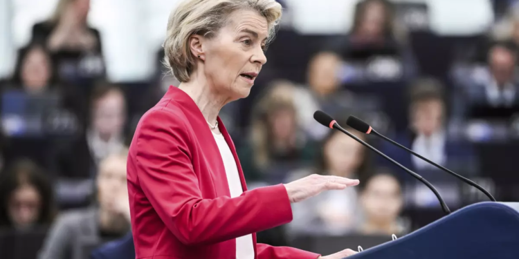 European Commission President Ursula von der Leyen addresses European Parliament members about plans to ramp up defense spending on Tuesday at the European Parliament in Strasbourg, eastern France. (Pascal Bastien / Associated Press)