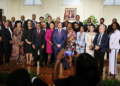 Prime Minister Stuart Young, centre, and members of his new Cabinet pose for a picture after the swearing-in ceremony. ABRAHAM DIAZ (T&T Guardian photo)