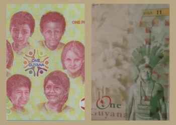 $2000 note and a page of the Guyana's passport show the "one Guyana' PPP slogan