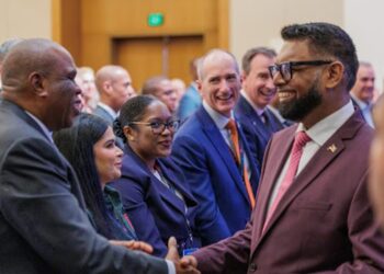 Afreximbank President Dr. Benedict Oramah, greeting Guyan's President Dr. Mohamed Irfaan Ali during a recent meeting in Guyana.