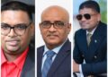 L-R President Irfaan Ali, VP Bharrat Jagdeo and Azruddin Mohamed