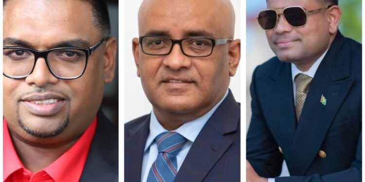 L-R President Irfaan Ali, VP Bharrat Jagdeo and Azruddin Mohamed