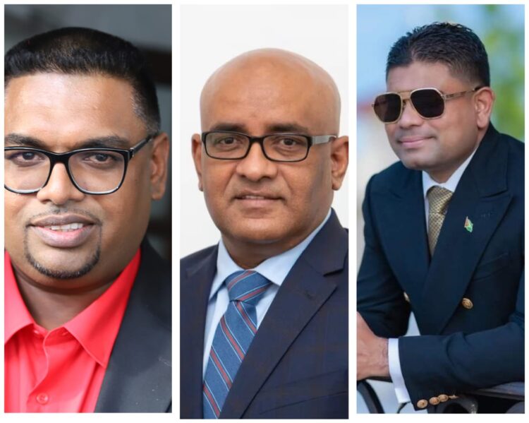 L-R President Irfaan Ali, VP Bharrat Jagdeo and Azruddin Mohamed