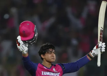 Rajasthan Royals' Vaibhav Suryavanshi, 14, acknowledges the moment after scoring a century during the Indian Premier League cricket match between Rajasthan Royals and Gujarat Titans. Surjeet Yadav/AP