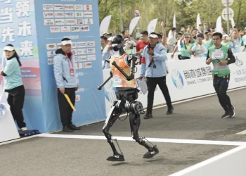 Tiangong Ultra came in first among humanoid robots in a Beijing half-marathon on Saturday with a time of 2 hours 40 minutes.Fred Dufour / NBC News
