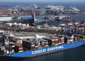 An aerial view of a Cosco Shipping container ship, China's largest shipping line, loaded with shipping containers in the Port Of Long Beach on April 3, 2025 in Long Beach, California. Mario Tama/Getty Images