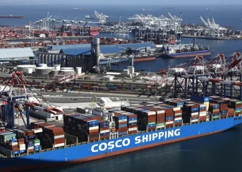 An aerial view of a Cosco Shipping container ship, China's largest shipping line, loaded with shipping containers in the Port Of Long Beach on April 3, 2025 in Long Beach, California. Mario Tama/Getty Images