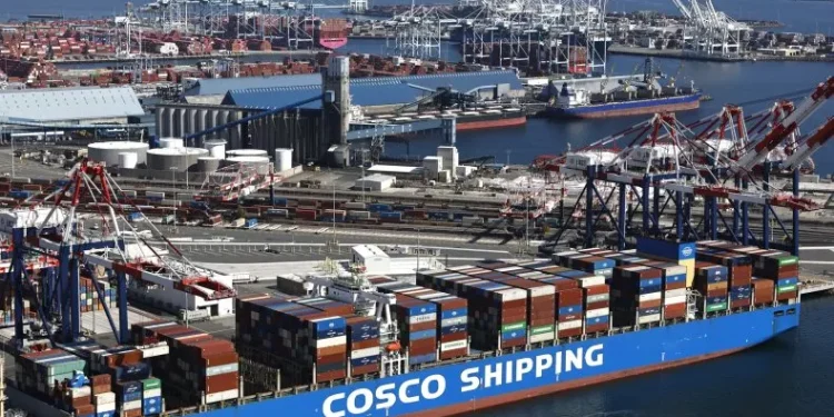 An aerial view of a Cosco Shipping container ship, China's largest shipping line, loaded with shipping containers in the Port Of Long Beach on April 3, 2025 in Long Beach, California. Mario Tama/Getty Images