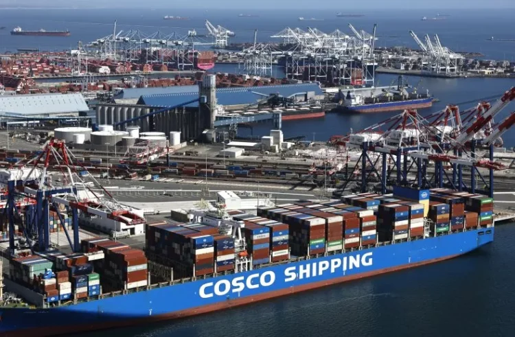 An aerial view of a Cosco Shipping container ship, China's largest shipping line, loaded with shipping containers in the Port Of Long Beach on April 3, 2025 in Long Beach, California. Mario Tama/Getty Images