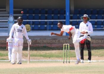 Khary Pierre of TT Red Force bowls against Guyana Harpy Eagles, at the Queen's Park Oval, Port of Spain, April 11. - Photo by Angelo Marcelle