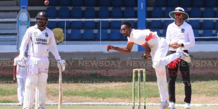 Khary Pierre of TT Red Force bowls against Guyana Harpy Eagles, at the Queen's Park Oval, Port of Spain, April 11. - Photo by Angelo Marcelle