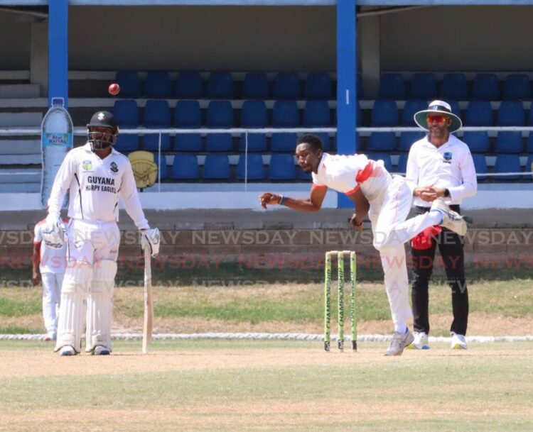 Khary Pierre of TT Red Force bowls against Guyana Harpy Eagles, at the Queen's Park Oval, Port of Spain, April 11. - Photo by Angelo Marcelle