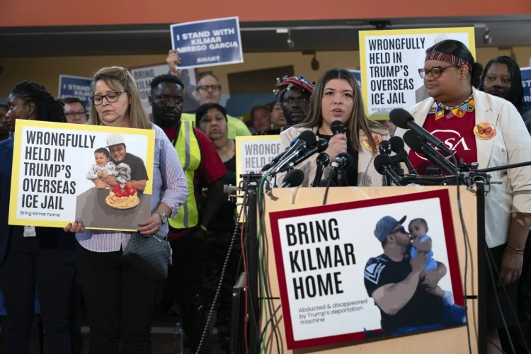 Jennifer Vasquez Sura, the wife of Kilmar Abrego Garcia of Maryland, who was mistakenly deported to El Salvador speaks during a news conference at CASA's Multicultural Center in Hyattsville, Md., April 4, 2025 (AP Photo/Jose Luis Magana, File)