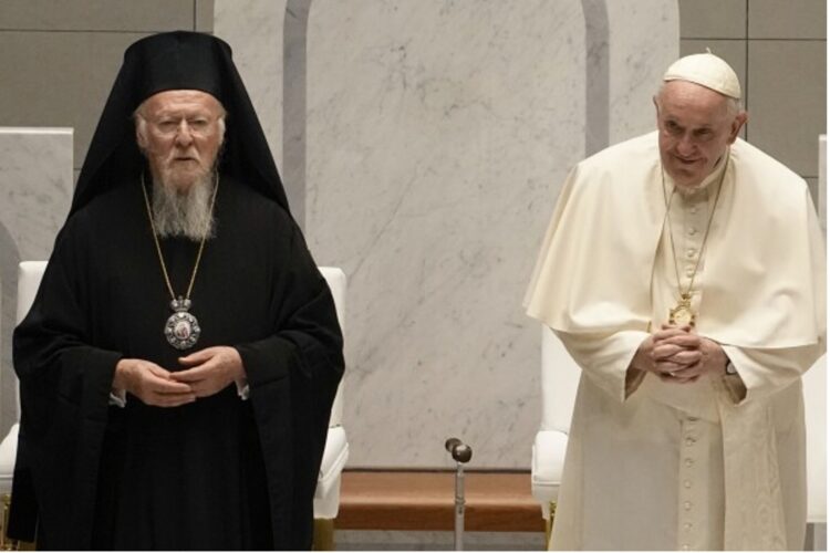 Pope Francis and Ecumenical Patriarch Bartholomew attend an ecumenical meeting and prayer for peace in Our Lady of Arabia Cathedral, Sakhir, Bahrain, Friday, Nov. 4, 2022. (AP Photo/Alessandra Tarantino, File)