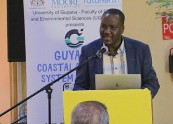 Professor Temitope Oyedotun addresses attendees at the launch of the Guyana Coastal Analysis System (G-CAS)