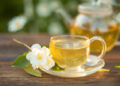delicious green tea in a beautiful glass bowl on a table