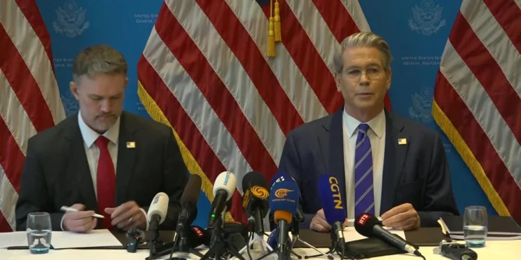 U.S. Treasury Secretary Scott Bessent (R) and U.S. Trade Representative Jamieson Greer hold a news conference in Geneva, Switzerland, May 12, 2025, to give details of "substantial progress" following a two-day closed-door meeting between U.S. and Chinese officials aimed at ending a tariff war.FABRICE COFFRINI/AFP/Getty