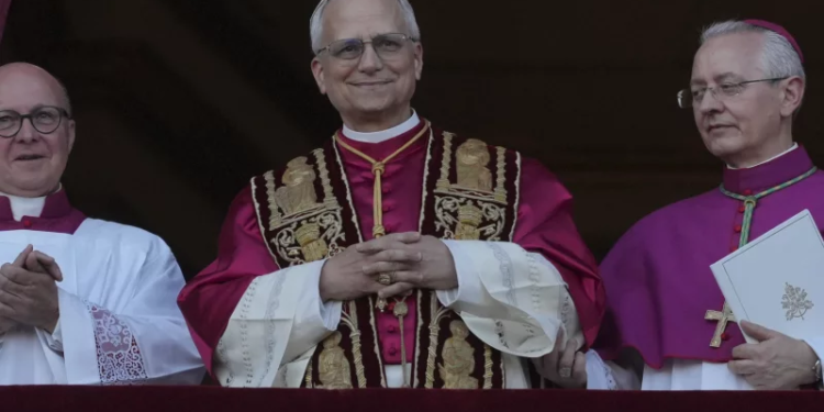 Newly elected Pope Leone XIV appears at the balcony of St. Peter's Basilica at the Vatican, Thursday, May 8, 2025. Andrew Medichini/AP