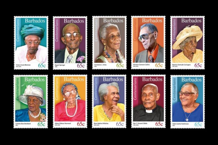 The centenarians of Barbados celebrated on local stamps
Permission granted by the Postmaster General